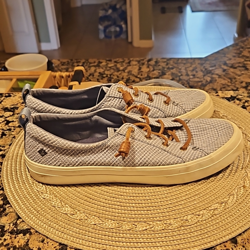 Sperry memory foam sneakers 10M blue and white with  leather lacing. Like new.